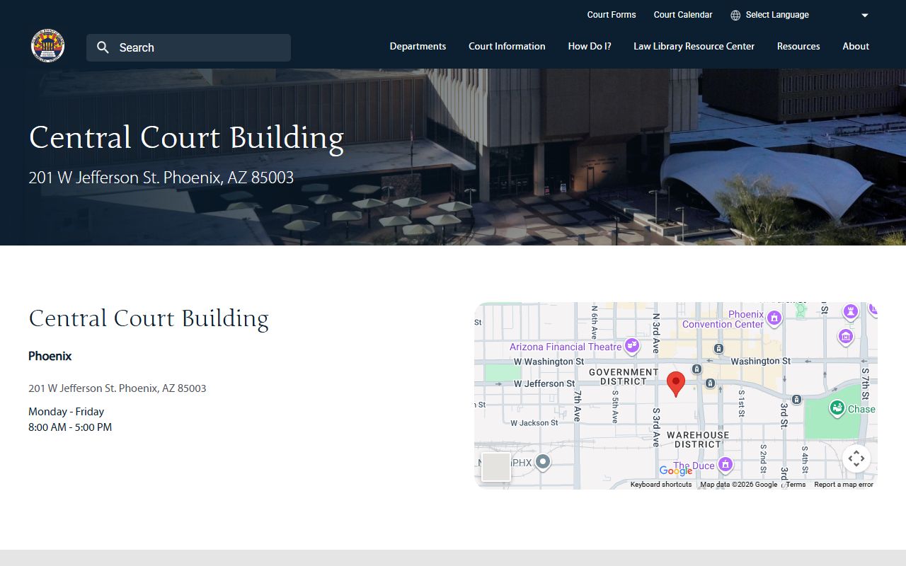 Maricopa County Central Court Building page with address used for court records access