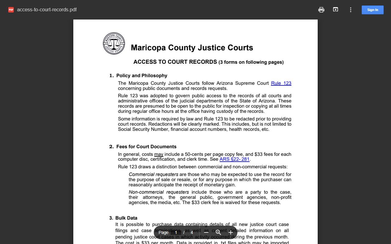 Maricopa County Justice Court access to court records flyer with public records rules