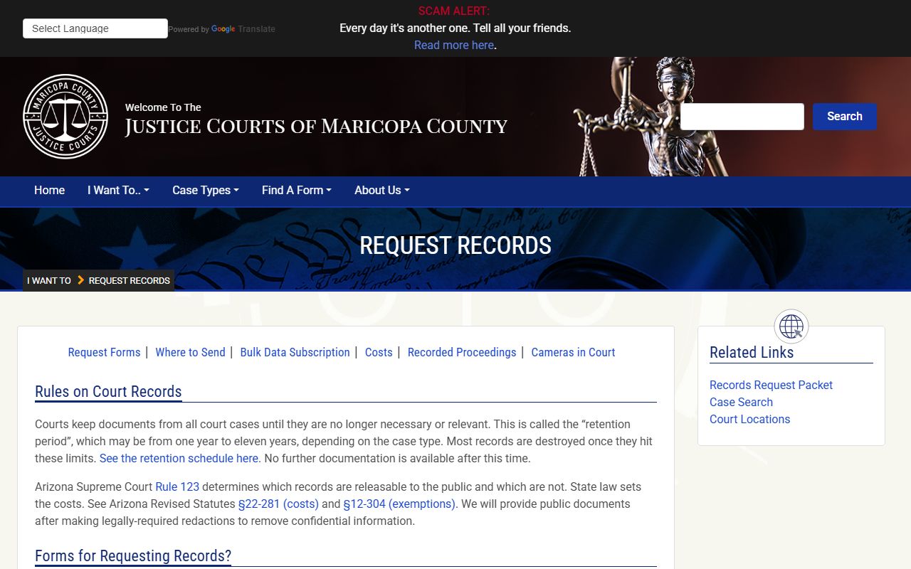 Maricopa County Justice Court public records request page with fee notes