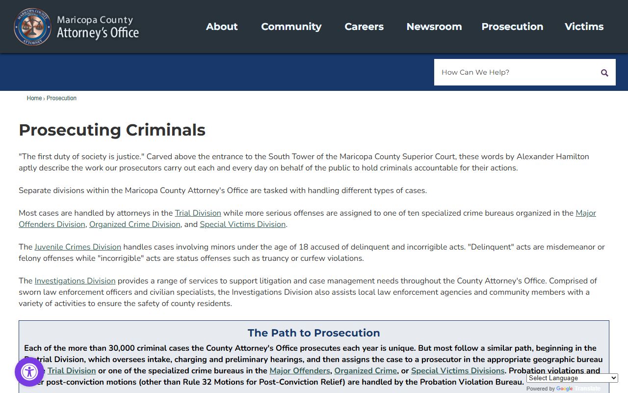 Maricopa County criminal records MCAO prosecution division overview page