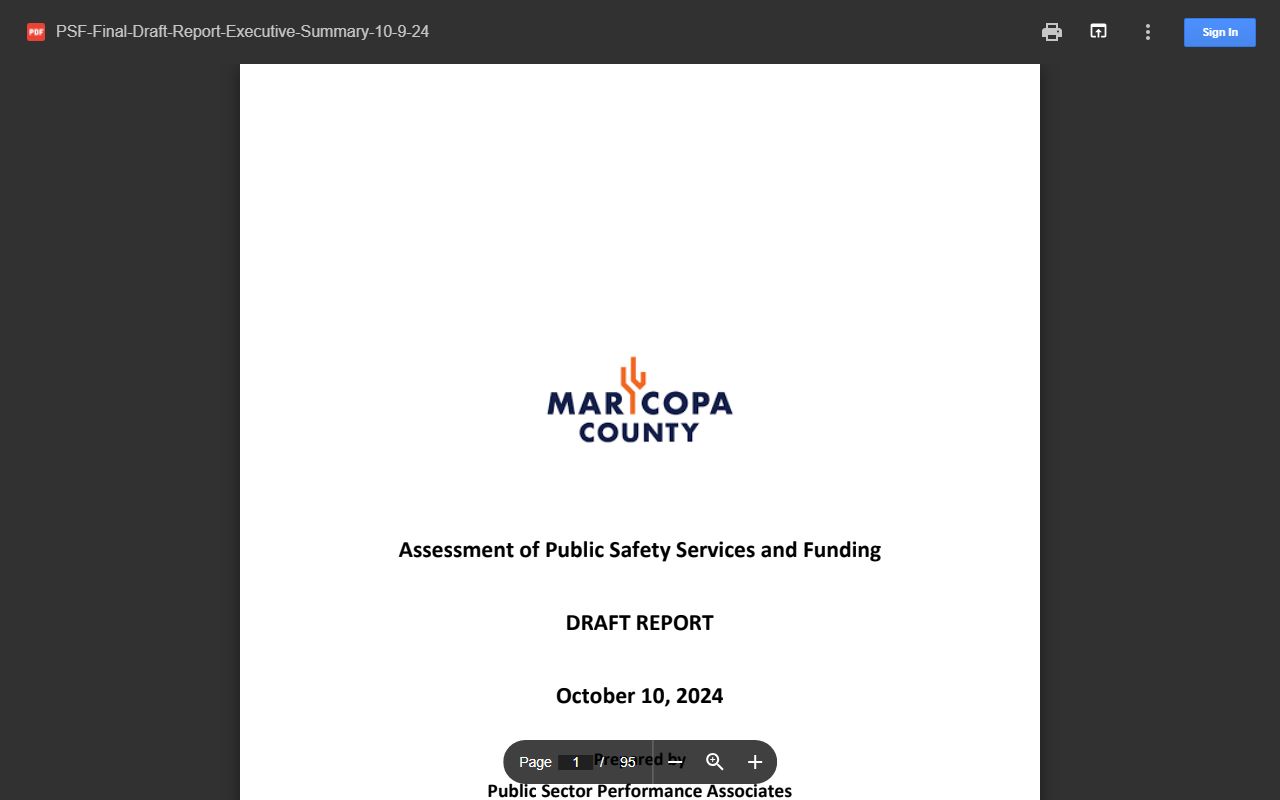 Maricopa County Public Safety Services and Funding report cover for inmate population data