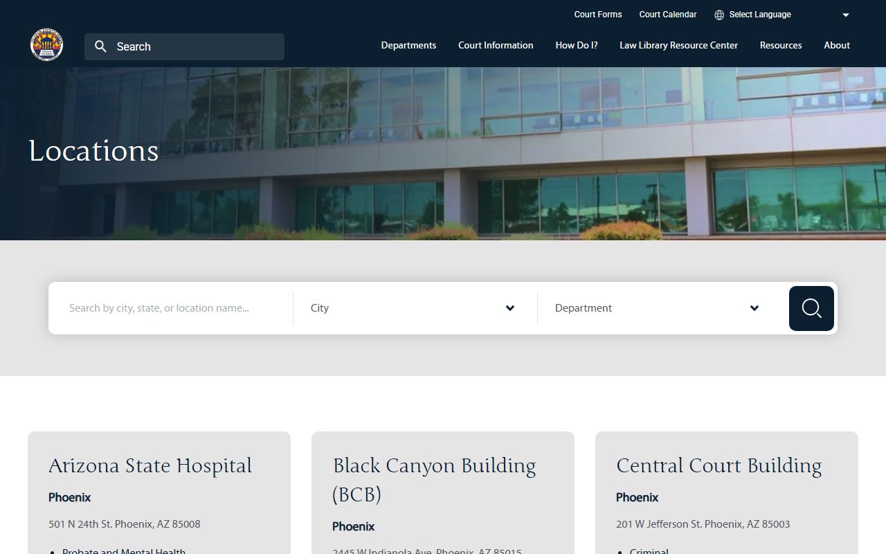 Maricopa County Superior Court location index listing all court records sites