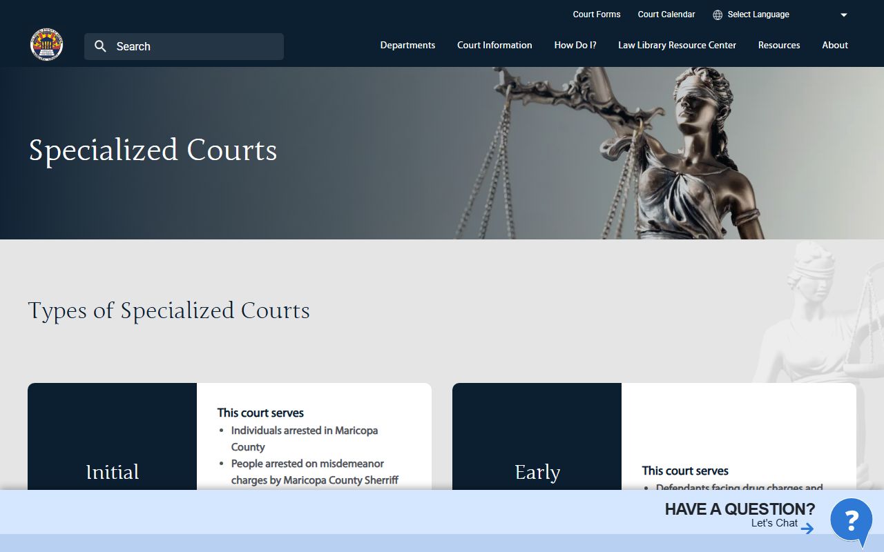Maricopa County specialized courts page covering initial appearance and specialty court records