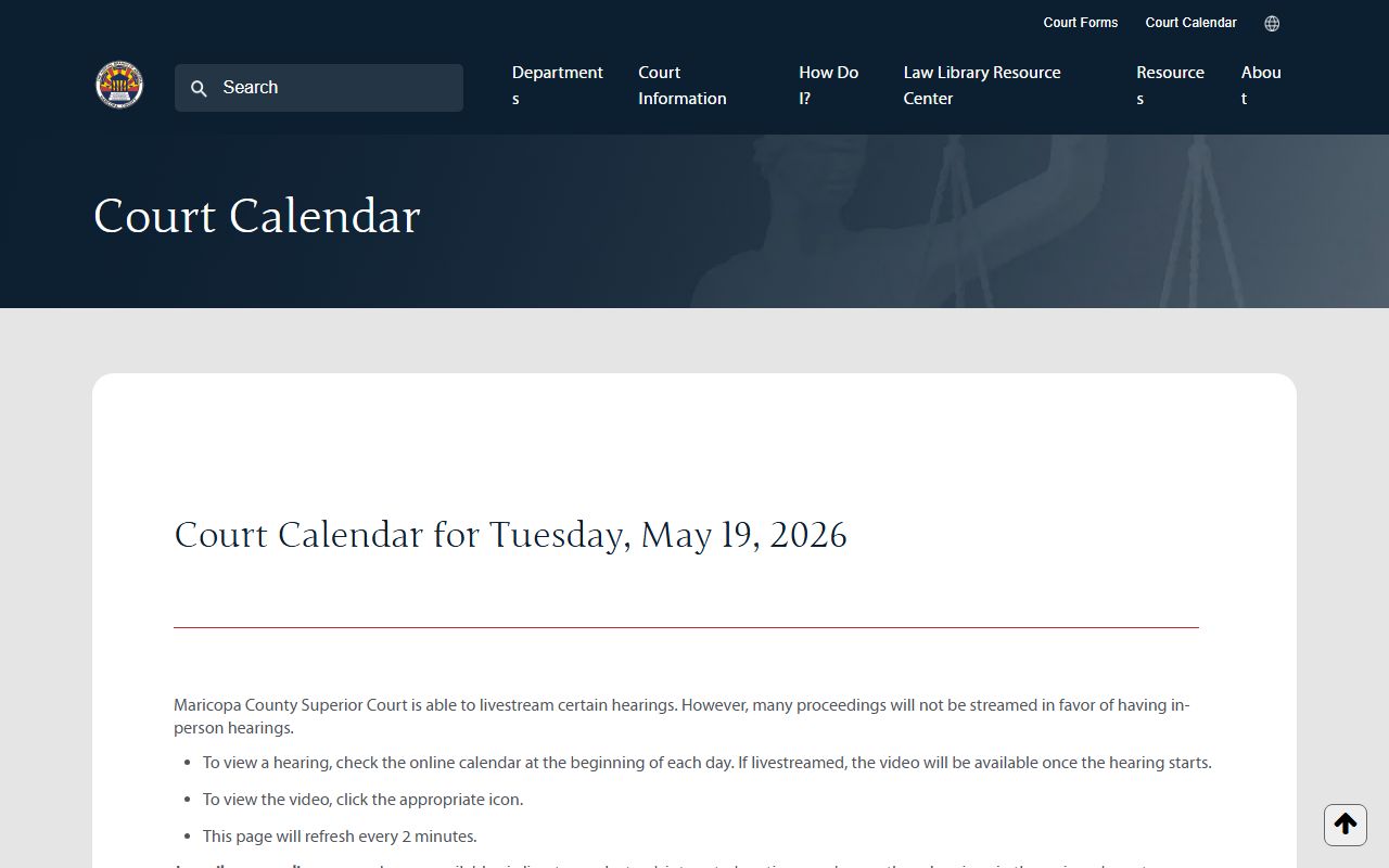 Maricopa County today's court calendar portal for live court records and hearing schedules