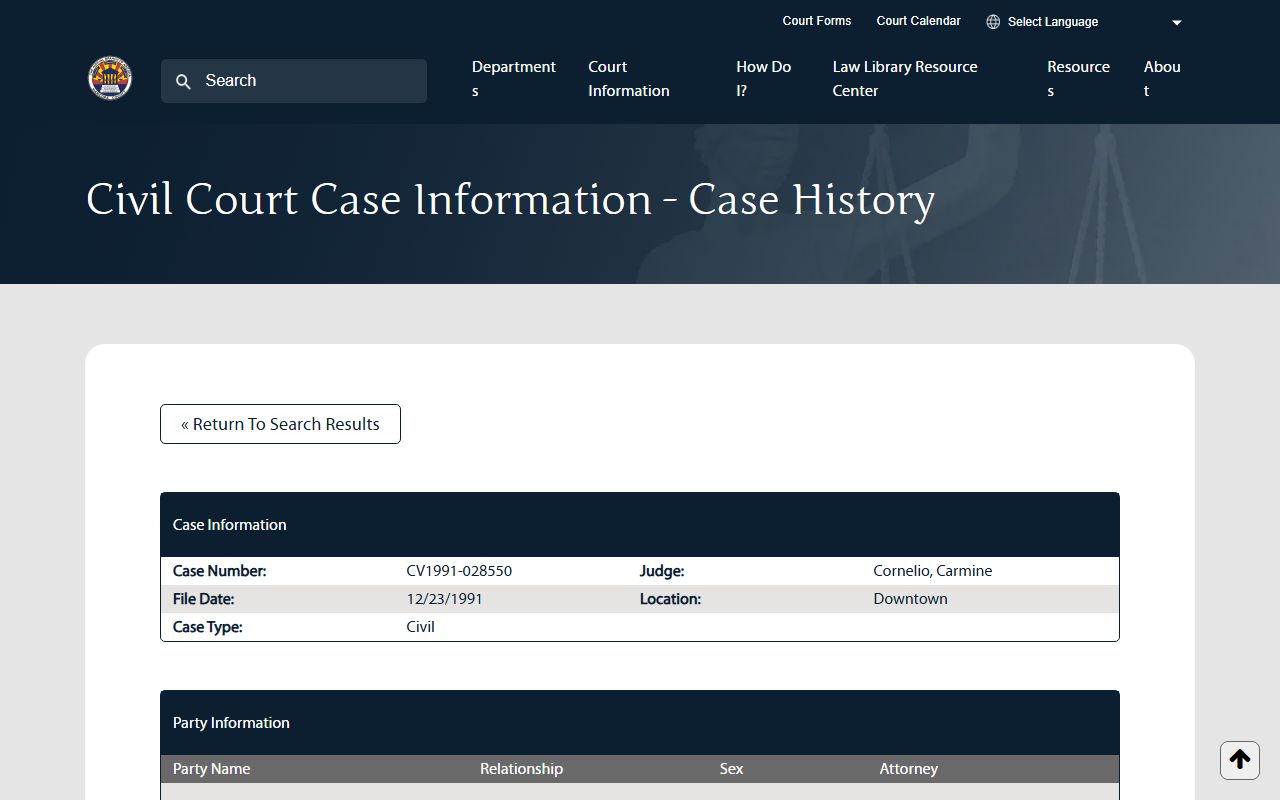 Maricopa County court records sample civil case history page
