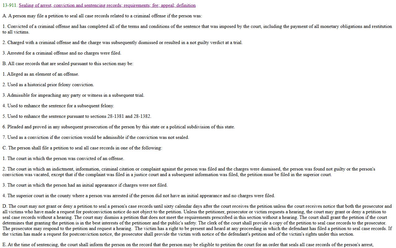 Maricopa County criminal records A.R.S. 13-911 sealing statute page