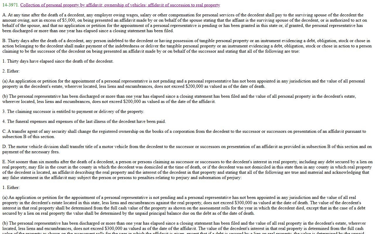 Arizona A.R.S. 14-3971 small estate affidavit statute for Maricopa County probate records