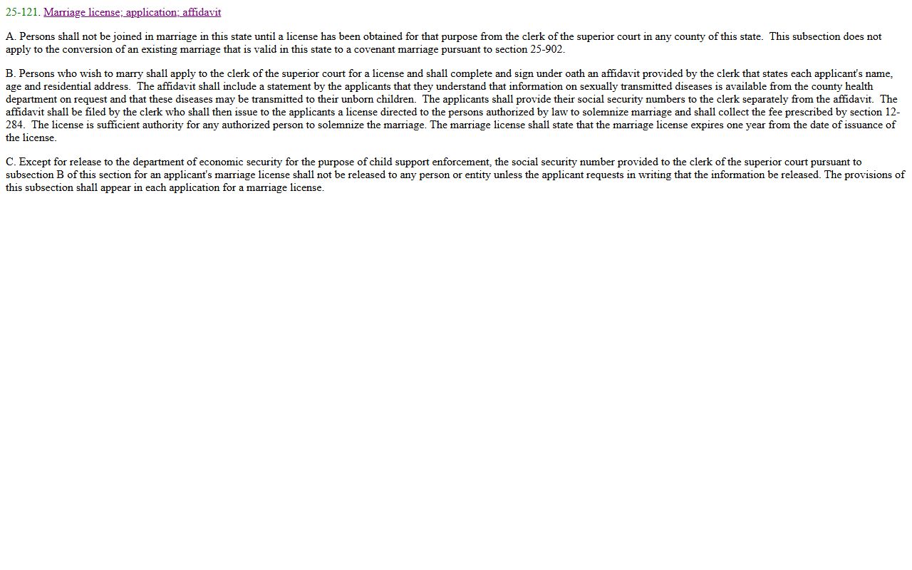 Arizona statute page for A.R.S. § 25-121 covering Maricopa County marriage license requirements