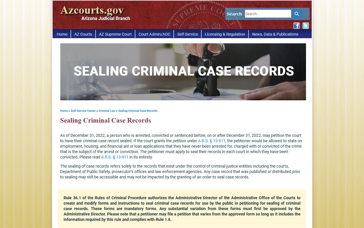 Maricopa County criminal records Arizona courts self-service sealing records page