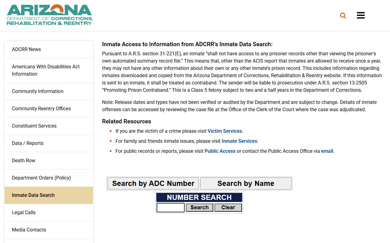 Arizona Department of Corrections, Rehabilitation and Reentry inmate datasearch page used for Maricopa County released inmates
