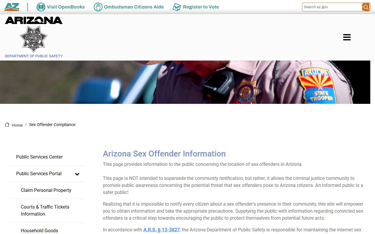 Arizona DPS sex offender compliance page used for Maricopa County released inmates